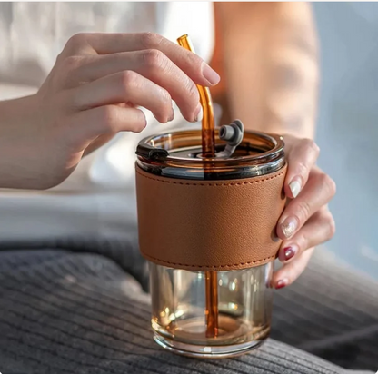 Gorgeous Travel Coffee Tumbler with Leather Grip & Straw