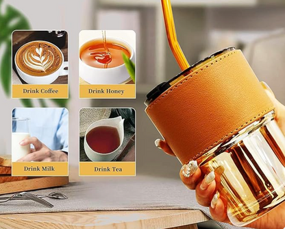 Gorgeous Travel Coffee Tumbler with Leather Grip & Straw