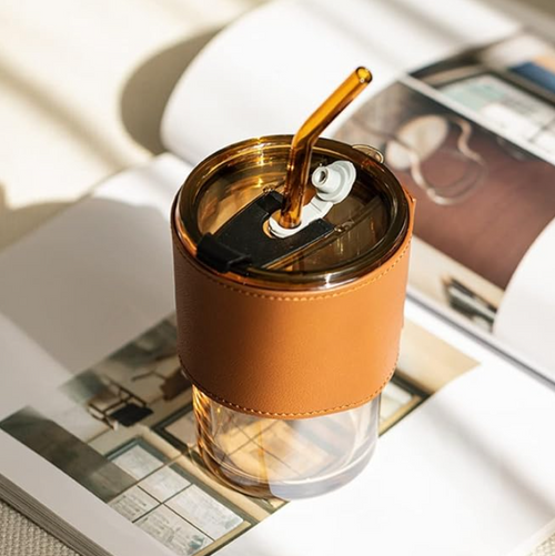 Gorgeous Travel Coffee Tumbler with Leather Grip & Straw